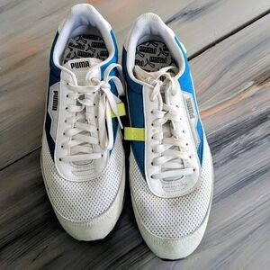 Puma White, Blue & Neon Yellow Retro Trainers